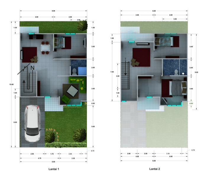 Desain rumah lantai 2 8x15